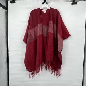 Woolrich red burgundy fringed poncho wrap shawl